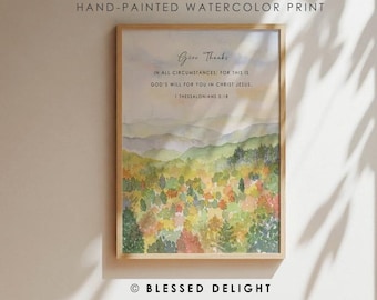 Aquarelle peinte à la main, 1 Thessaloniciens 5:18 Remercier, impression d'art chrétien, couleurs d'automne feuillage d'automne, art mural verset de la Bible