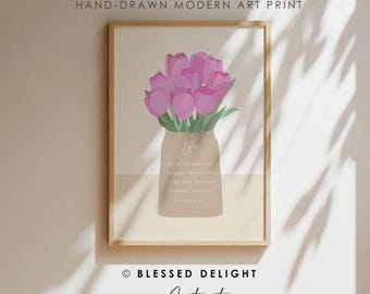 Art chrétien dessiné à la main - Par-dessus tout, on met l'amour, Colossiens 3:14, décoration florale rose pour la maison, vase avec des fleurs, art des versets de la Bible
