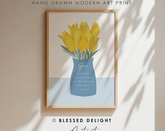 Bouquet floral, grandir dans la connaissance, 2 Pierre 3:18, art moderne chrétien, belles fleurs avec vase, art biblique, impression d'art verset de la Bible
