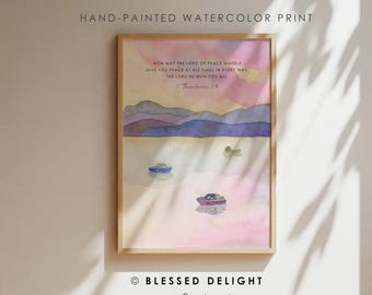 Décoration chrétienne aquarelle - Que le Seigneur de la paix soit maintenant - 2 Thess 3:16, En paix, je m'allongerai et dormirai - Psaume 4_8, Art chrétien