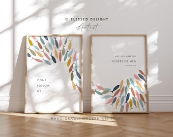 Come Follow Me and I Will Make You Fishers of Men - Matthew 4:19, Set of 2 Large Size Christian Art PRINT, Bible Verse Wall Art, Wall Decor
