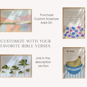 May include: Four framed wall art prints featuring Bible verses with illustrations of a sunset landscape, colorful flowers, palm trees, and a banana in a blue bowl. Text includes "CUSTOMIZE WITH YOUR FAVORITE BIBLE VERSES", "Purchase Custom Scripture Add-On".