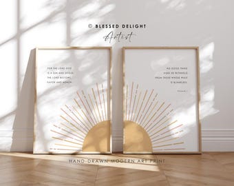 Set of TWO Psalm 84:11, Christian MODERN Wall Art, Abstract Minimal Sunrise Sun Rays Bible Verse Wall Art Scripture Gift, Christian Decor