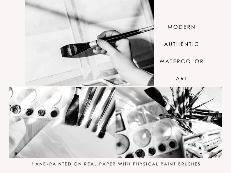 Peut inclure: Image en noir et blanc de mat&eacute;riel d'art &agrave; l'aquarelle. Une main tient un pinceau sur du papier. L'image comprend des pinceaux, des palettes et le texte : "Art moderne et authentique &agrave; l'aquarelle" et "Peint &agrave; la main sur du vrai papier avec des pinceaux physiques."
