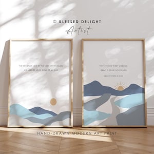 Christian ART PRINT -  Christian Art Print - Great is Your Faithfulness Lamentations 3:22-23, Blue Gray Abstract Mountain Sunrise, Set of 2