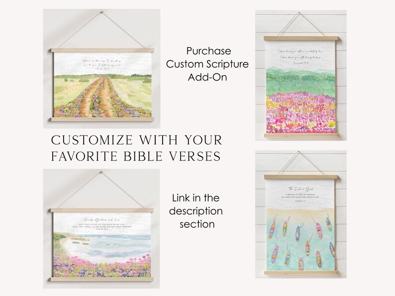Peut inclure: Quatre impressions d'art &agrave; l'aquarelle avec des cintres en bois. Les impressions pr&eacute;sentent des paysages et des versets bibliques. Le texte "Customize with your favorite Bible verses" est &eacute;galement visible. Les impressions sont affich&eacute;es sur un mur blanc.