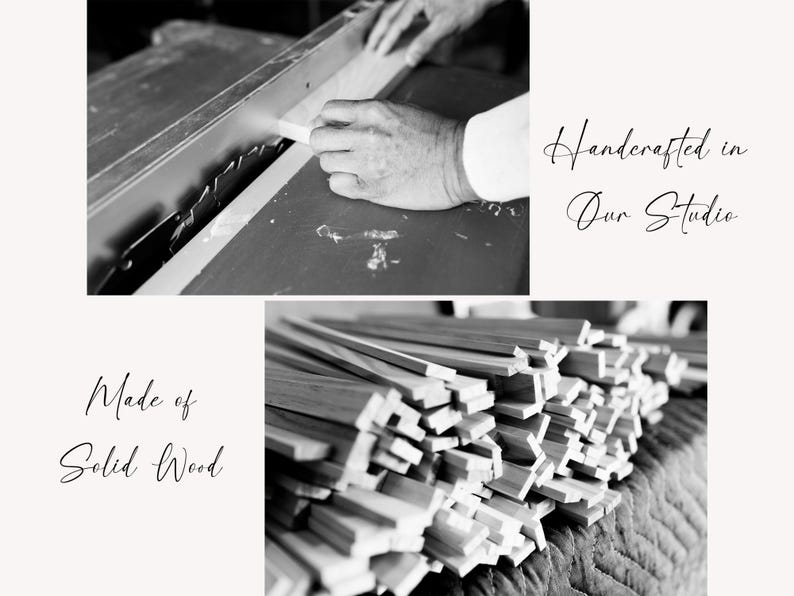 Peut inclure: Image en noir et blanc montrant le travail du bois. Une personne utilise une scie pour couper du bois. Le texte "Handcrafted in Our Studio" et "Made of Solid Wood" sont visibles. L'image montre la fabrication d'objets en bois massif.