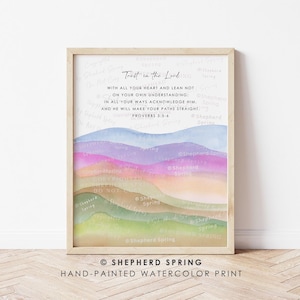 Trust in the Lord Proverbs 3:5-6, Colorful Watercolor Hillside Christian Wall Art, Bible Verse Wall Art, Scripture Art Print Christian Decor