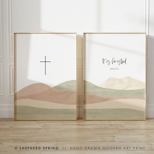 It is finished John 19:30 Christian Wall Art Print Set of Two Bible Verse Art Cross Christian Gift Boho Neutral Minimal Scripture Mountain