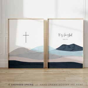 John 19:30 It Is Finished Bible Verse Art Set of TWO Cross Mountains Christian Wall Art Print Gift Abstract Minimal Scripture Home Decor