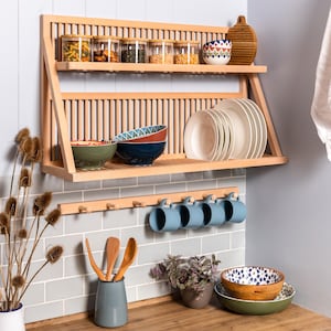 Plate Shelf Rack With Cup Rail | Wall Mounted Plate Storage Shelf Rack | Wooden Plate Rack | Dish Storage Rack Dish Plate Shelf Rack