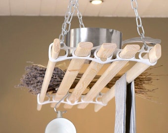 Kitchen Pot & Pan Rack | Hanging Overhead Storage Rack | Kitchen Utensils | Dried Herbs | Towel Airer | Cast Iron With Pine Laths