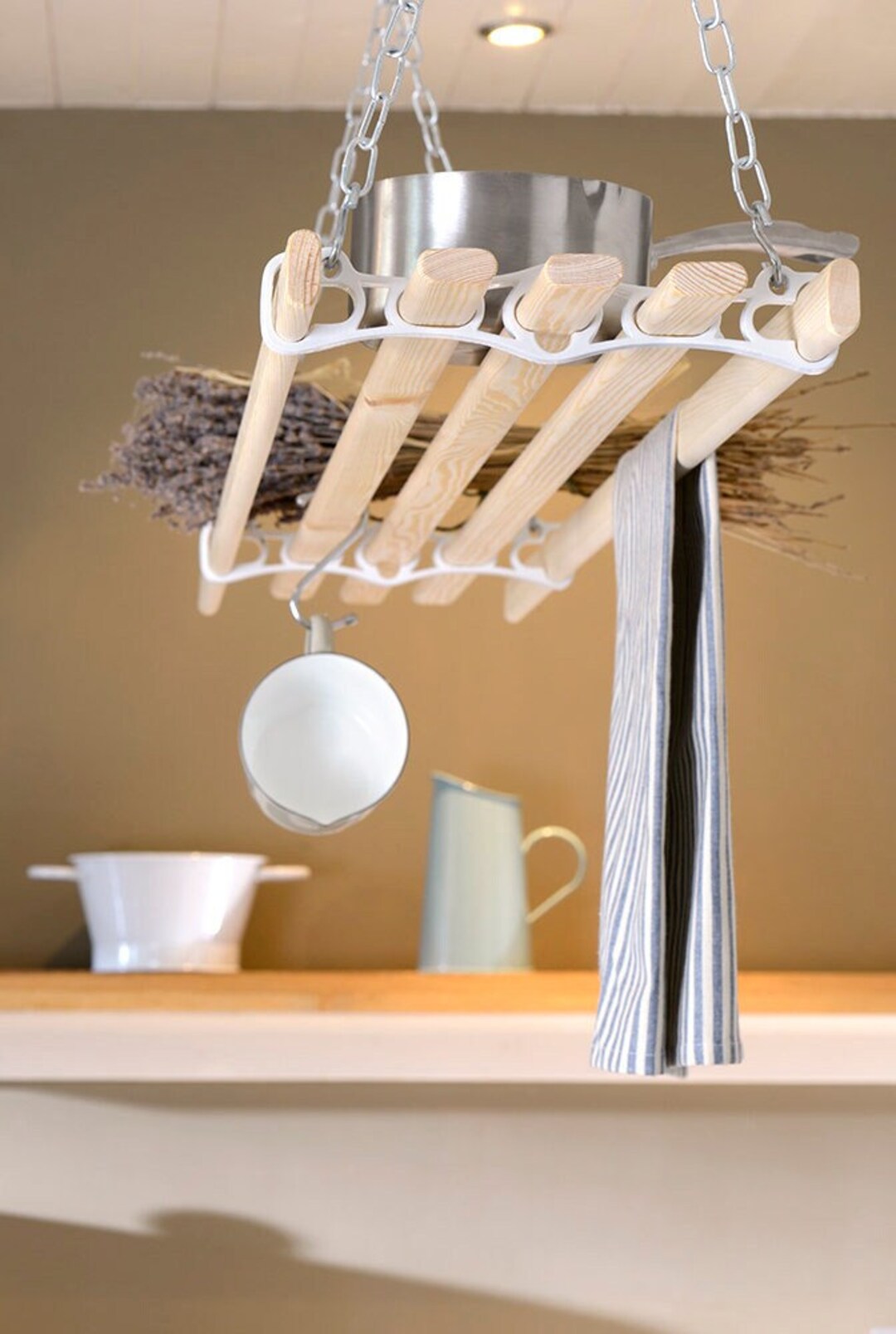 キッチン収納・ラック Round Wooden Ceiling Rack Hanging Pot Pan Rack Ceiling Mount Wooden Bar 6 Hooks