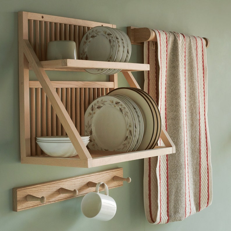 Wall Mounted Plate Rack Traditional Wooden Plate Shelf Dish Storage Rack image 1