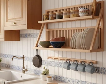 Escurreplatos de pared / Fabricado en madera de haya resistente al agua / Solución ideal para el almacenamiento en la cocina