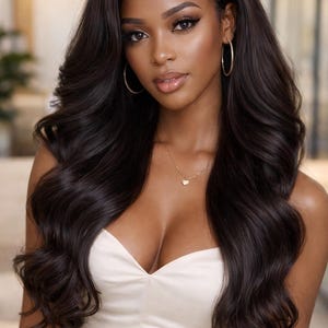 Peut inclure: Une femme aux longs cheveux ondulés foncés avec une raie sur le côté. Elle porte des créoles dorées et un délicat collier en or avec un pendentif en forme de cœur. Elle porte une robe bustier blanche.