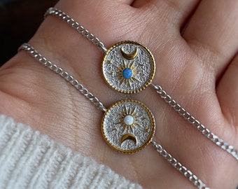 Opal Bracelet, Sun and Moon Bracelet, Sun Bracelet, Moon Bracelet, Blue Opal Curb Chain Bracelet, Celestial Moon Jewelry, Birthday Gift,
