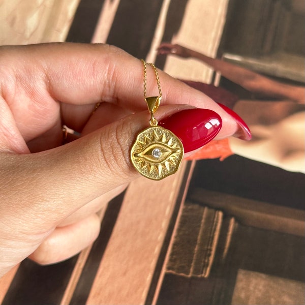 Gold Plated Evil Eye Medallion Necklace, Minimalist Gold Evil Eye Charm, Protection Necklace, Bold Chain and Evil Eye Coin Necklace.