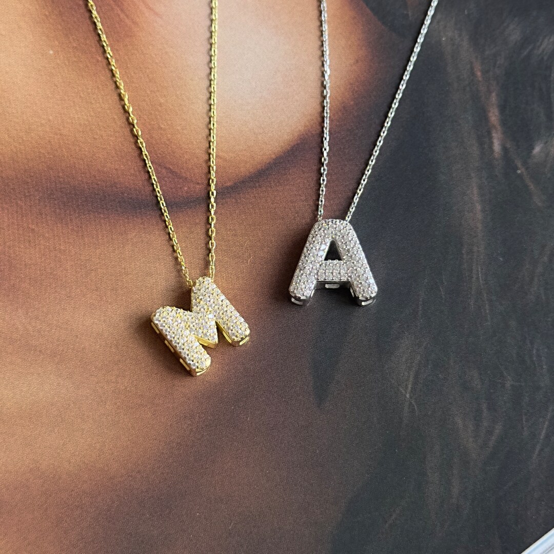 Pave Bubble Diamond Initial Necklace AZ, Bubble Letter Necklace, CZ
