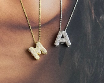 Pave Bubble Diamond Initial Necklace A-Z, Bubble Letter Necklace, CZ Initials Letter, Crystal Bubble Necklace, Dainty Initial Jewelry,