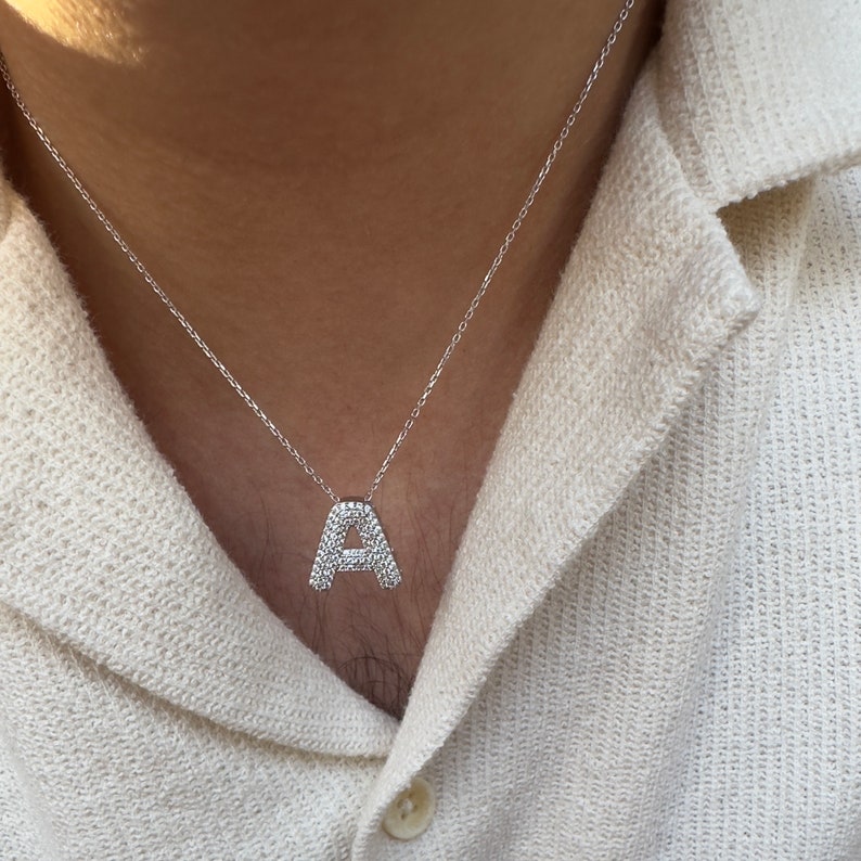 Pave Bubble Diamond Initial Necklace A-Z, Bubble Letter Necklace, CZ Initials Letter, Crystal Bubble Necklace, Dainty Initial Jewelry, image 4
