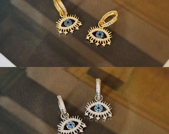 Evil Eye Sunburst Earrings with Aquamarine Gemstones - Protective Talisman Statement Jewelry- Minimalist Eearrings- Bridesmaid Gift
