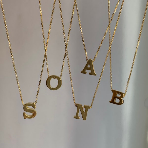 Collar de letras minimalista, collar inicial de oro de 14K, collar de letras iniciales delicadas, collar de letras, regalo para ella, collar de letras personalizado