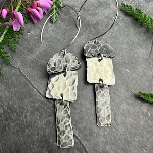Hammered Pewter Drop Earrings, Silver Plated Hooks, Modern Geometric Dangles, Minimal Artisan Jewelry image 1