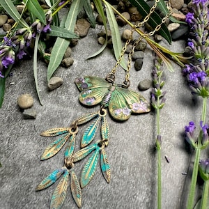 Butterfly Palm Leaf Necklace - Handmade Solid Brass Iridescent Resin Hand Patina