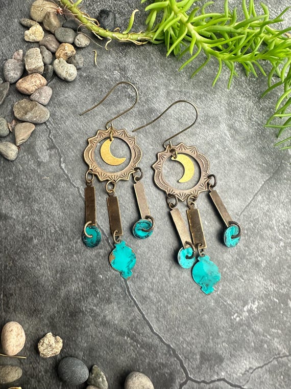 Celestial Moon Earrings Turquoise Patina Brass Chandelier Dangles