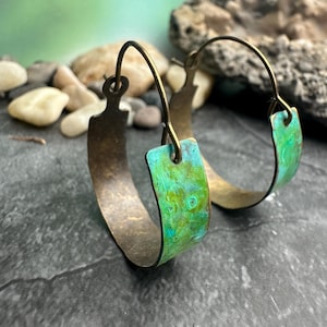 Rustic Handcrafted Brass Hoop Earrings - Distressed Green Patina, Bohemian Style, Hammered Artisan Jewelry