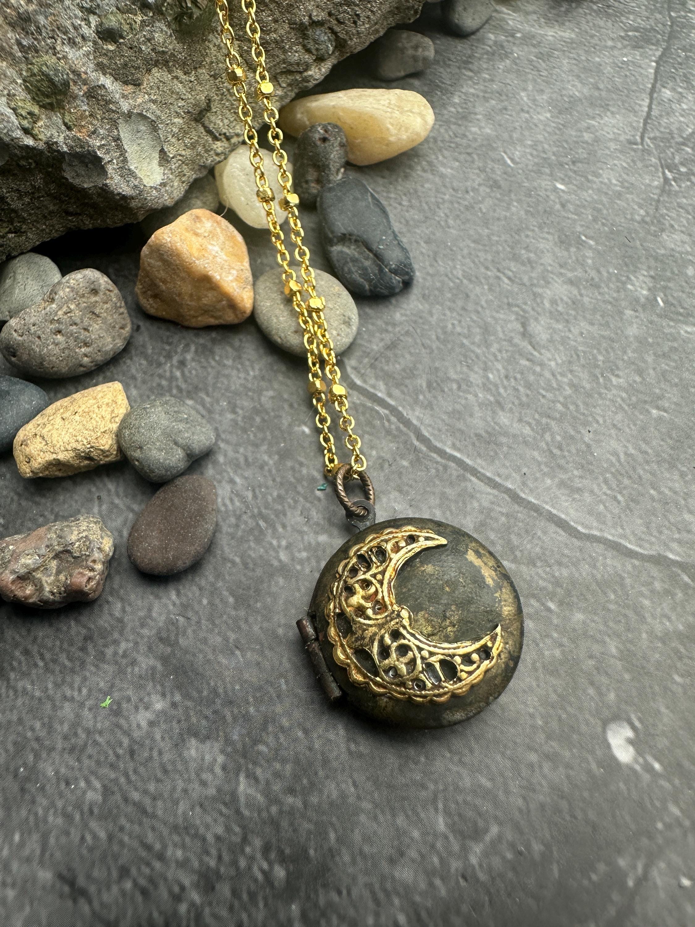 Crescent Moon Locket – Vintage Brass Pendant – Celestial Keepsake ...