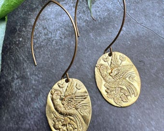 Bird of Paradise Earrings, Art Nouveau Brass Jewelry, Vintage Botanical Dangle Earrings