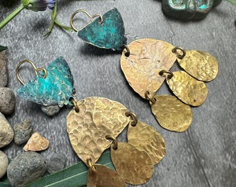 Goddess Tears Earrings - Handmade Solid Beaten Brass Hand Patina