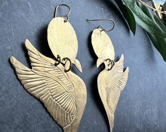 Sunset Swan Earrings- Handmade Beaten Solid Brass