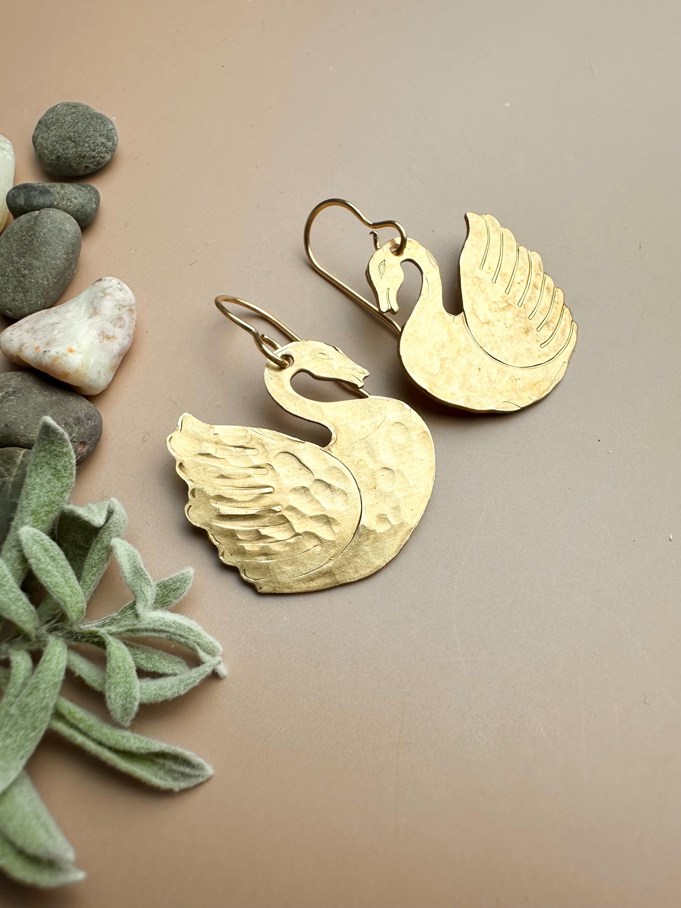 Signet Swan Earrings- Handmade Beaten Solid Brass - Nature Inspired ...