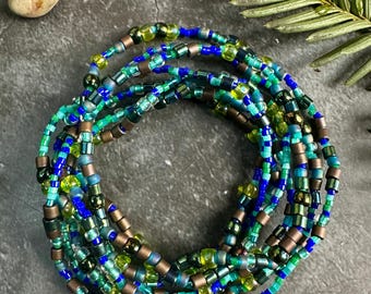 Seed Bead Wrap Bracelet – Blue Green Layering Bracelet – Stretch Beaded Jewelry – Stackable Boho Style