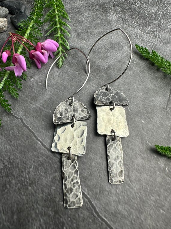 Hammered Pewter Drop Earrings, Silver Plated Hooks, Modern Geometric Dangles, Minimal Artisan Jewelry