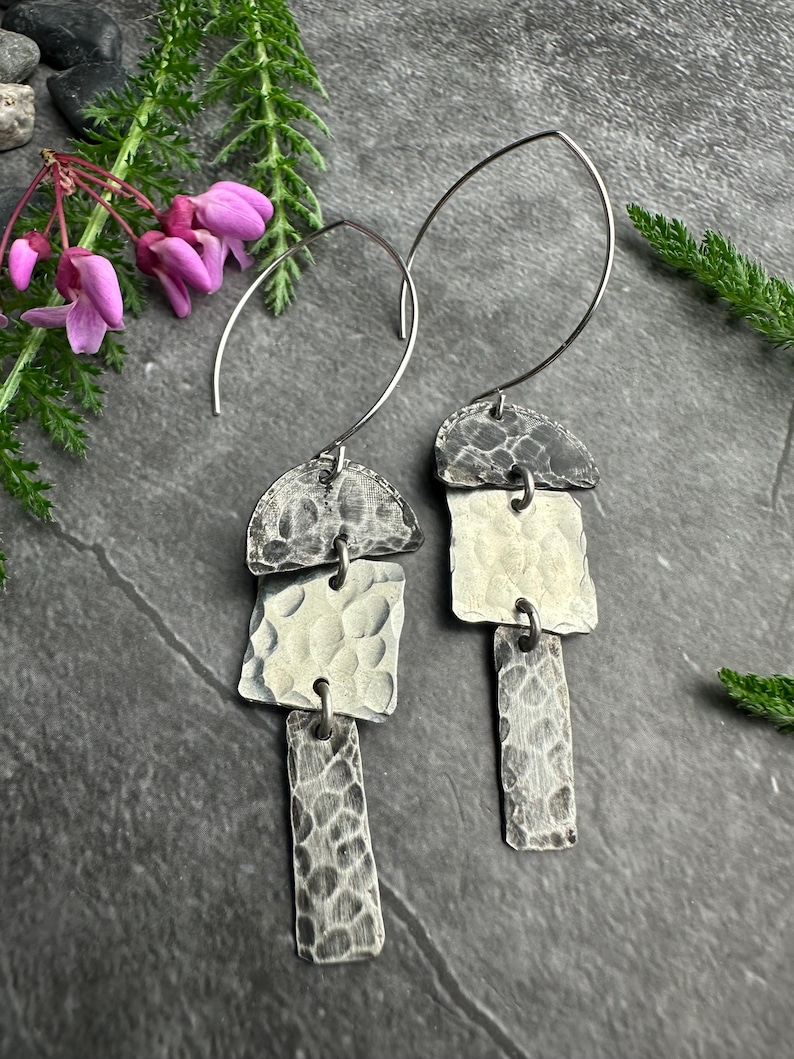 Hammered Pewter Drop Earrings, Silver Plated Hooks, Modern Geometric Dangles, Minimal Artisan Jewelry image 1
