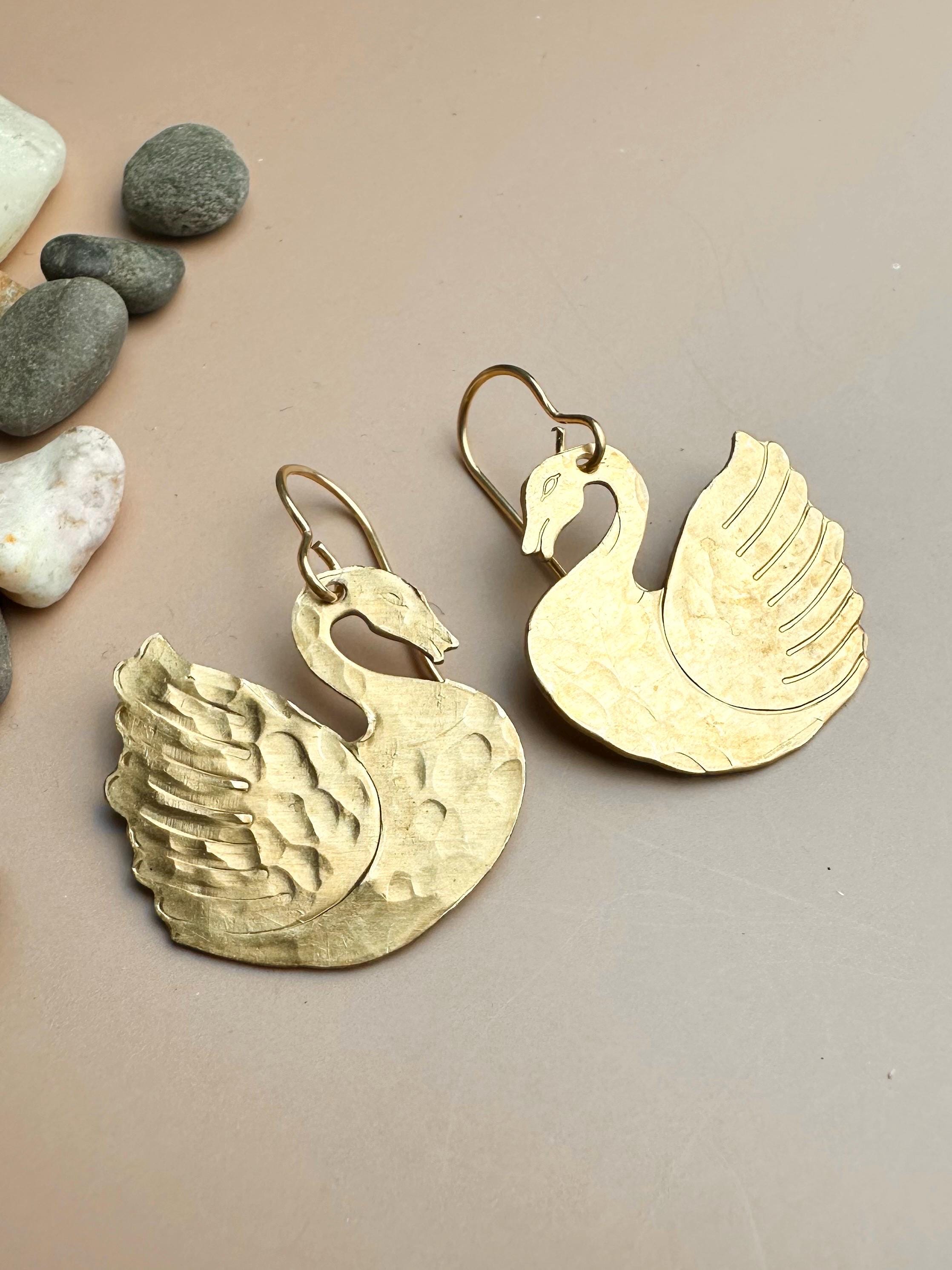 Signet Swan Earrings- Handmade Beaten Solid Brass - Nature Inspired ...