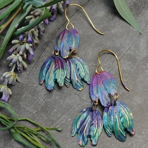 Garden Petal Earrings, Gradient Patina Brass Dangles, Artisan Botanical Statement Jewelry