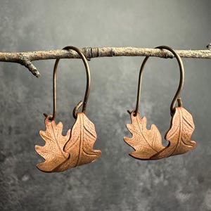 Oak Leaf Mini Hoop Earrings - Hand formed Copper, Bohemian Style, Artisan Jewelry