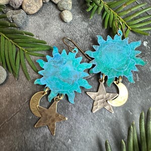 Celestial Sun Moon & Stars Earrings - Handmade Solid Beaten Brass Hand Patina