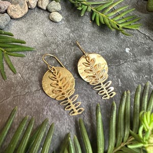 Handcrafted Brass Fern Moon Earrings: Bohemian Statement Jewelry with Hammered Vintage Leaf Design