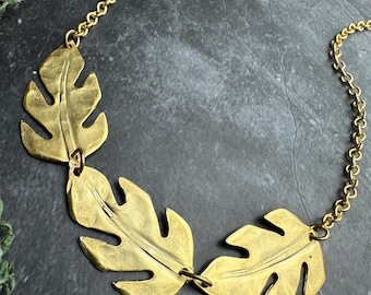 Monstera Leaf Necklace, Botanical Statement Jewelry, Brass Nature Collar