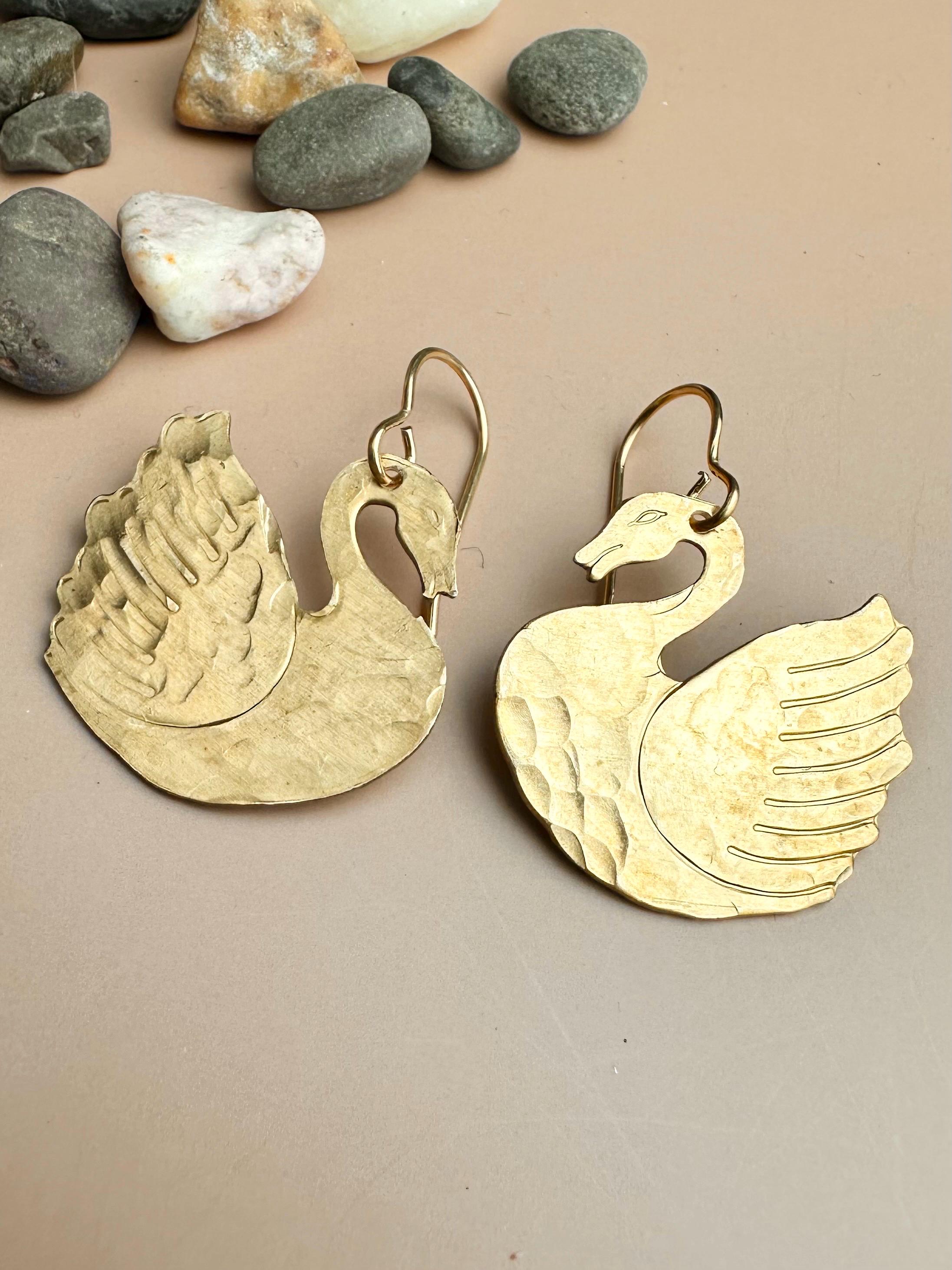 Signet Swan Earrings- Handmade Beaten Solid Brass - Nature Inspired ...