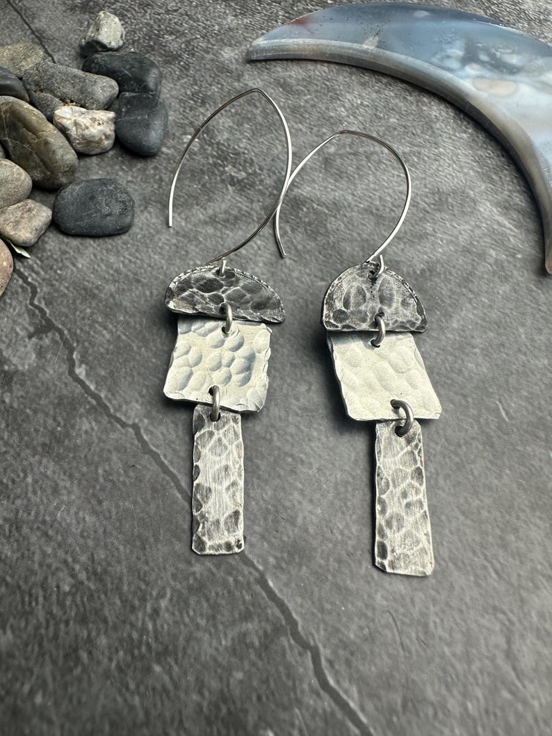 Hammered Pewter Drop Earrings, Silver Plated Hooks, Modern Geometric Dangles, Minimal Artisan Jewelry image 4