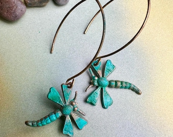 Verdigris Dragonfly Earrings – Patina Brass Nature Jewelry – Artisan Boho Dangle Earrings
