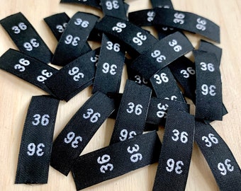 Woven Size Labels for Clothing Size 36 Sew In - Black Fabric Size Tags Number 36 - European Size Labels Sewing - EU Size Tags