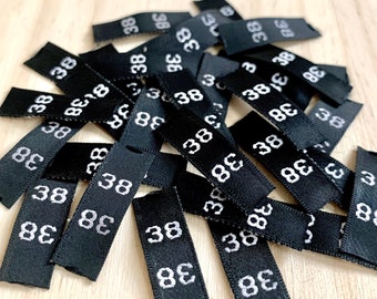 Woven Size Labels for Clothing Size 38 Sew In - Black Fabric Size Tags Number 38 - European Size Labels Sewing - EU Size Tags